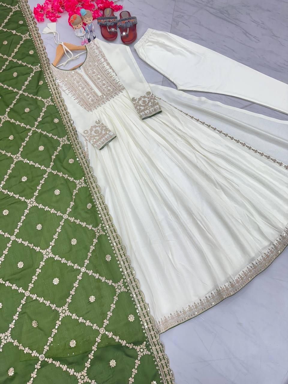 White Premium Designer Fancy Anarkali Gown Set