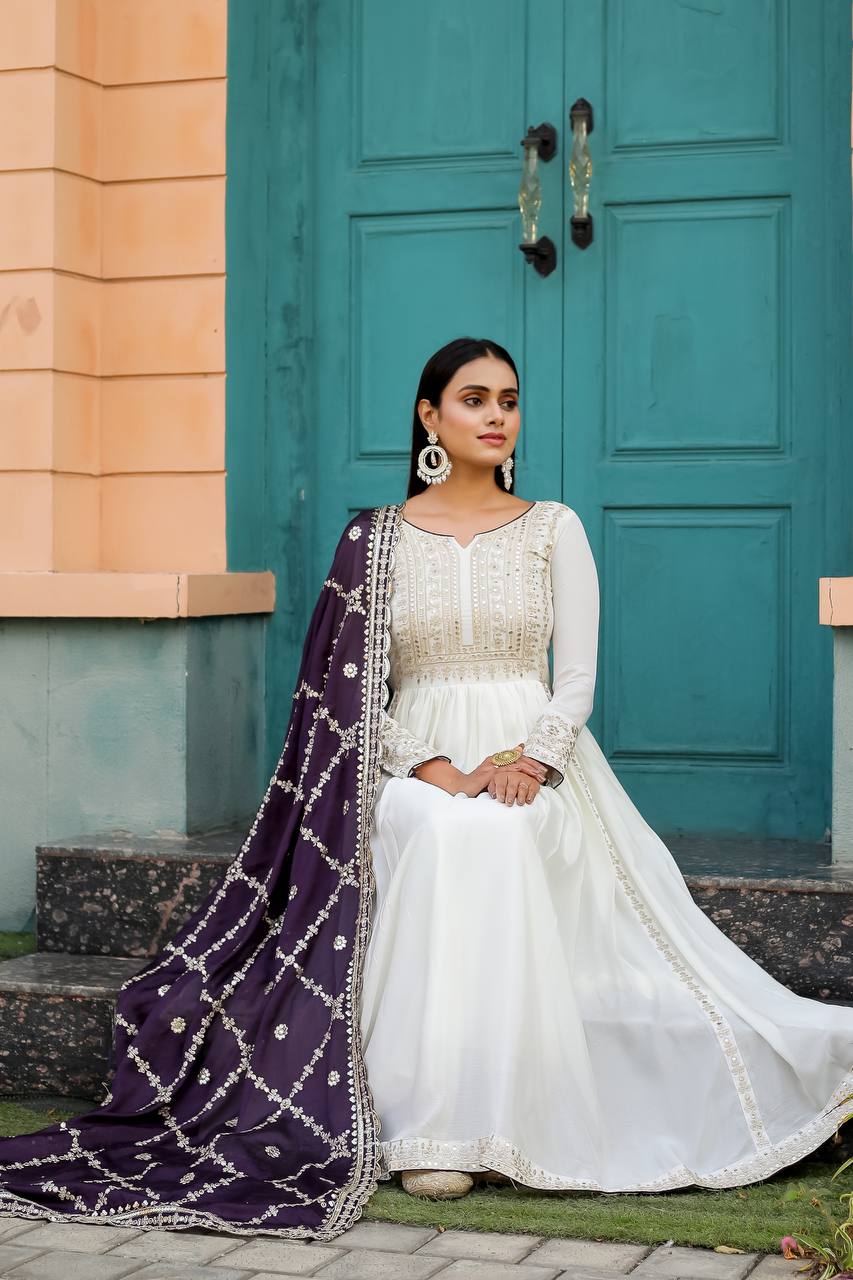 White Premium Designer Fancy Anarkali Gown Set
