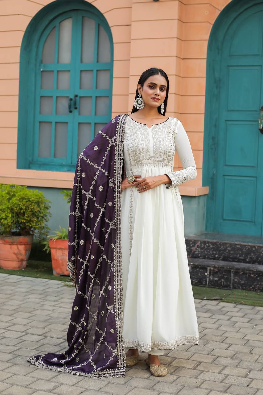 White Premium Designer Fancy Anarkali Gown Set