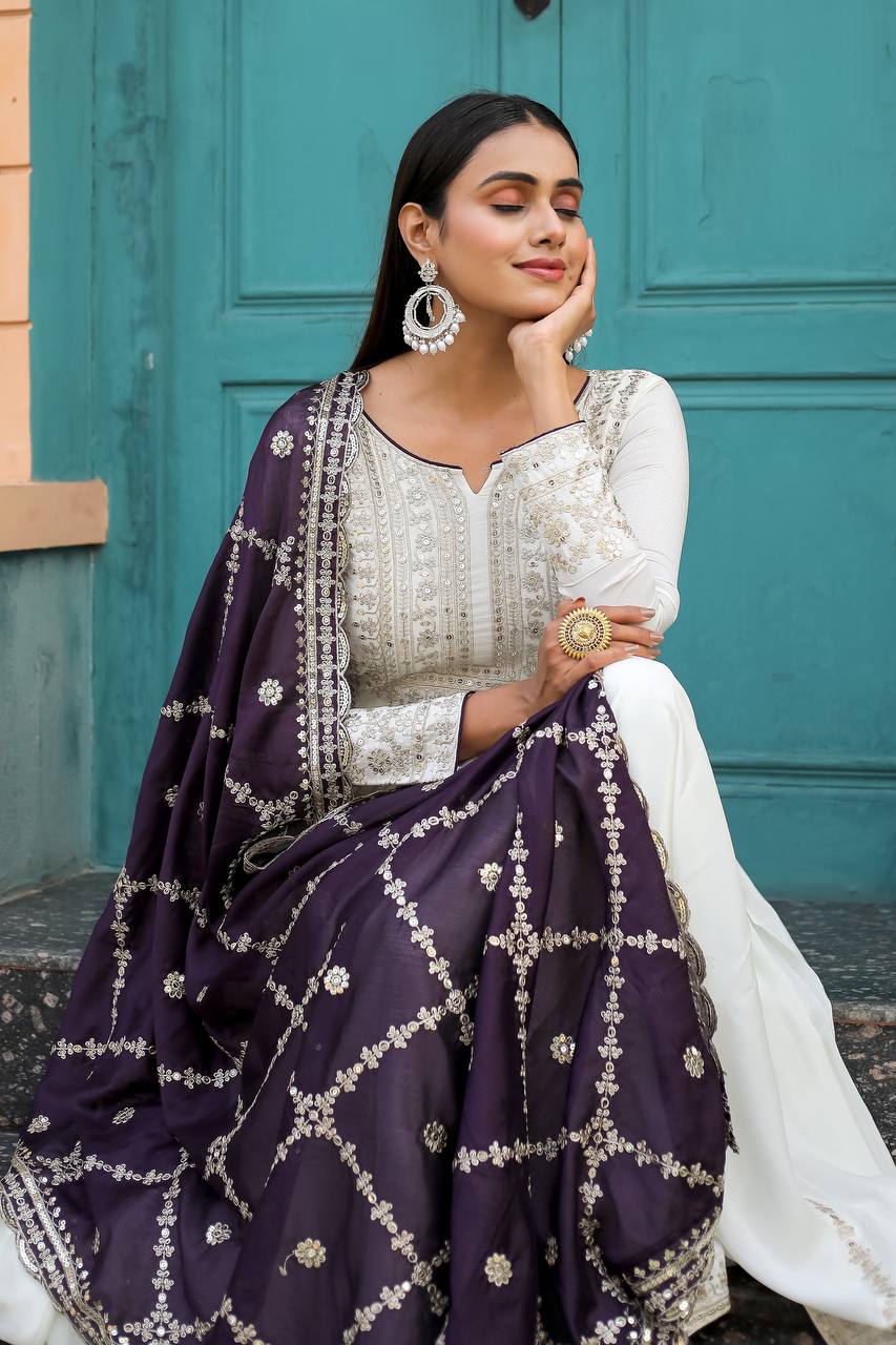 White Premium Designer Fancy Anarkali Gown Set