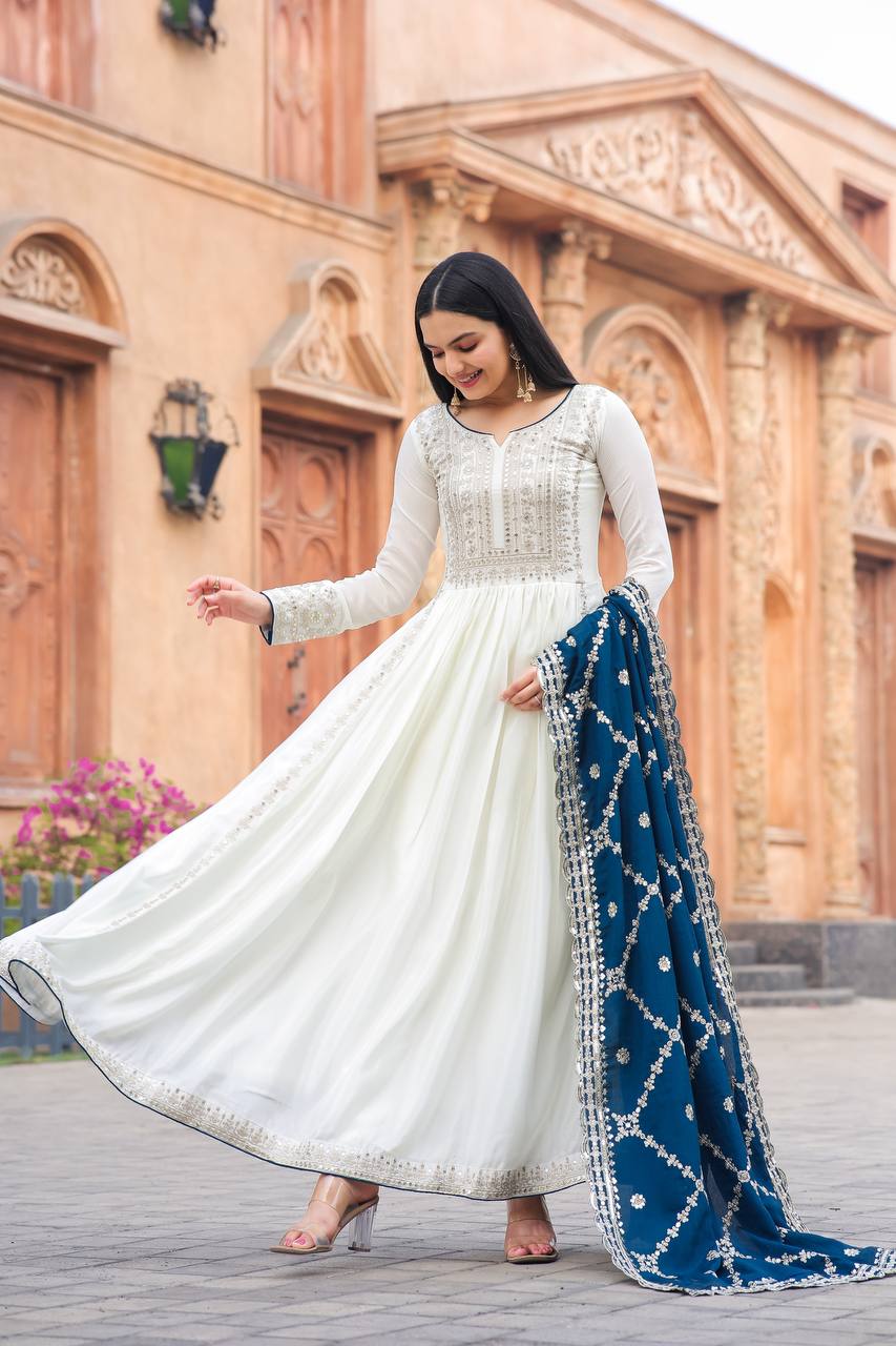 White Premium Designer Fancy Anarkali Gown Set