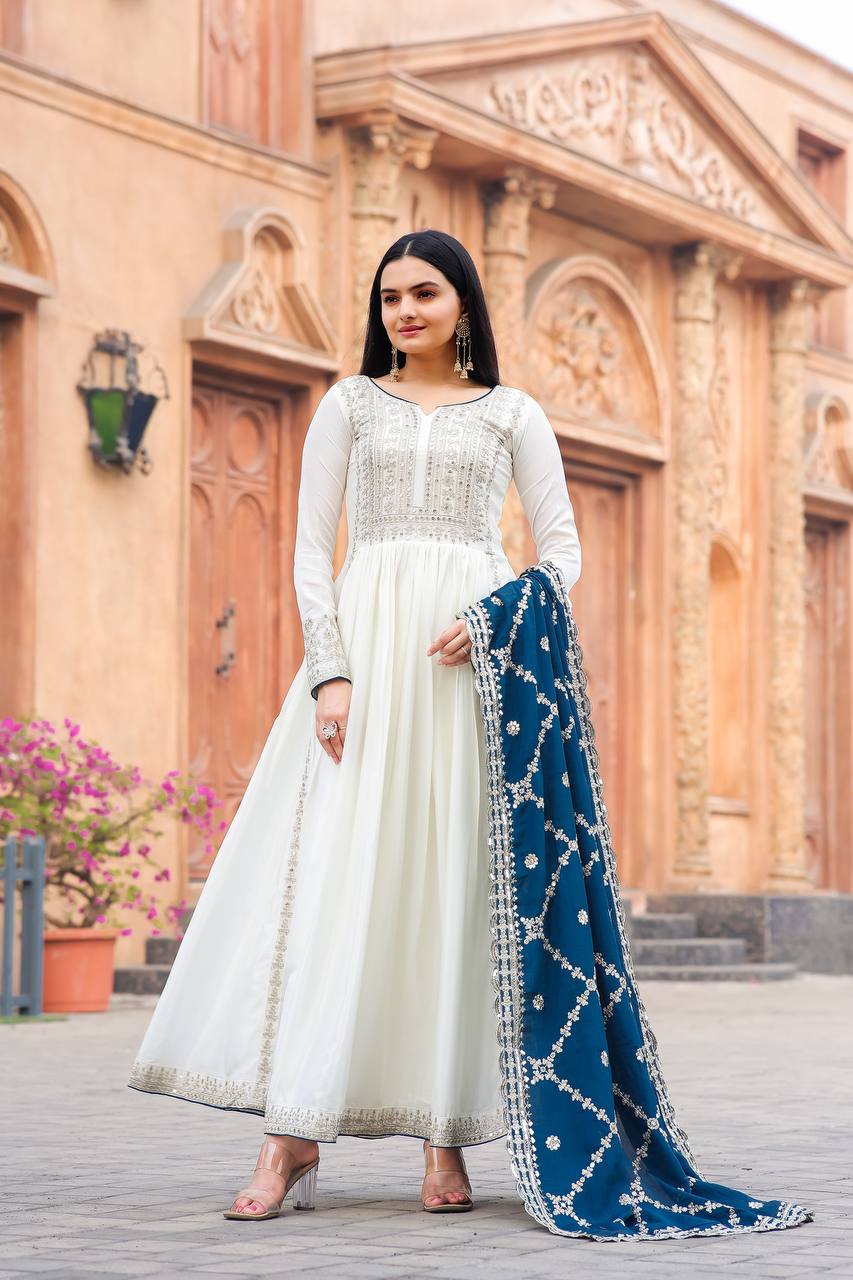 White Premium Designer Fancy Anarkali Gown Set