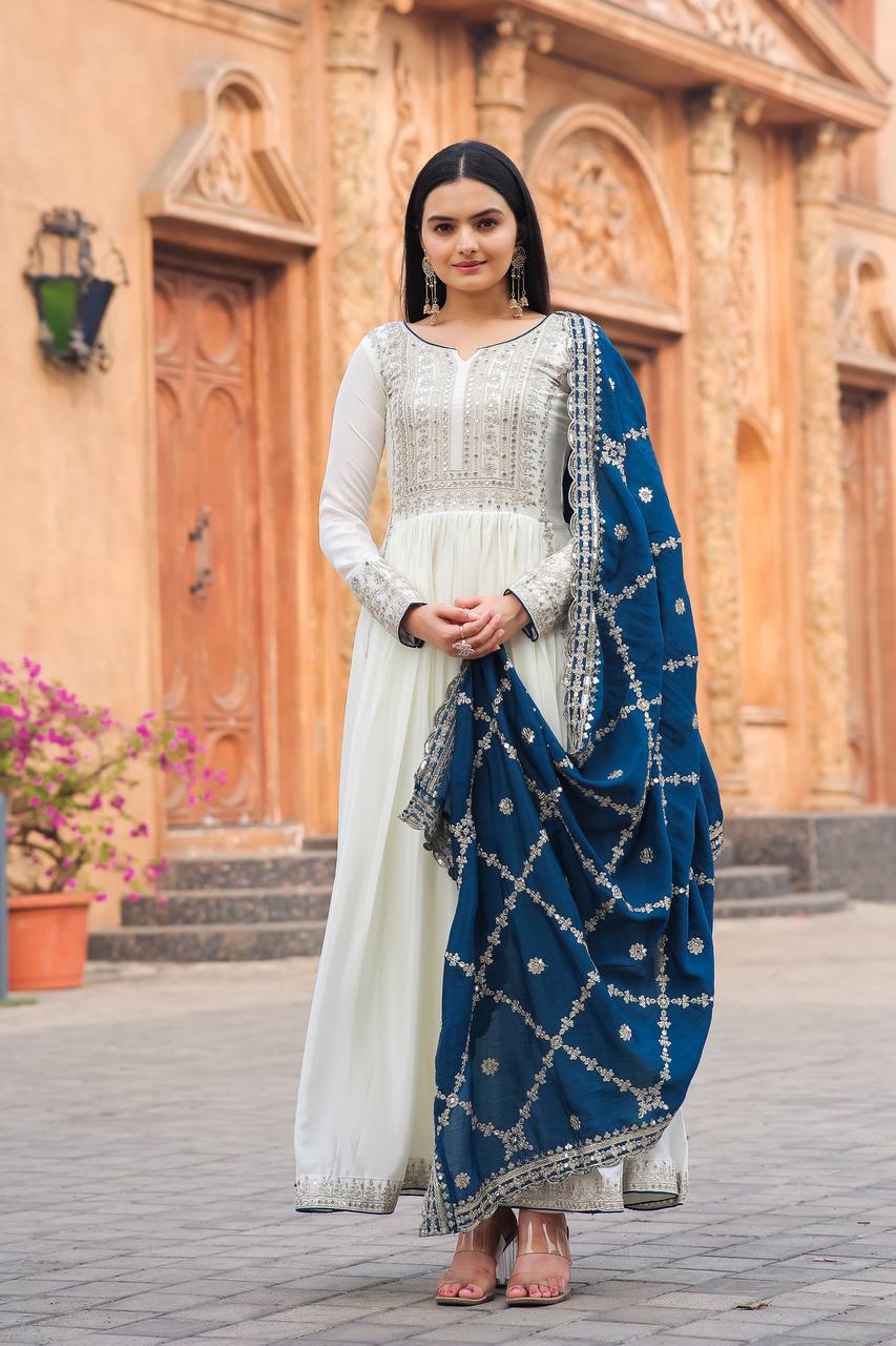 White Premium Designer Fancy Anarkali Gown Set