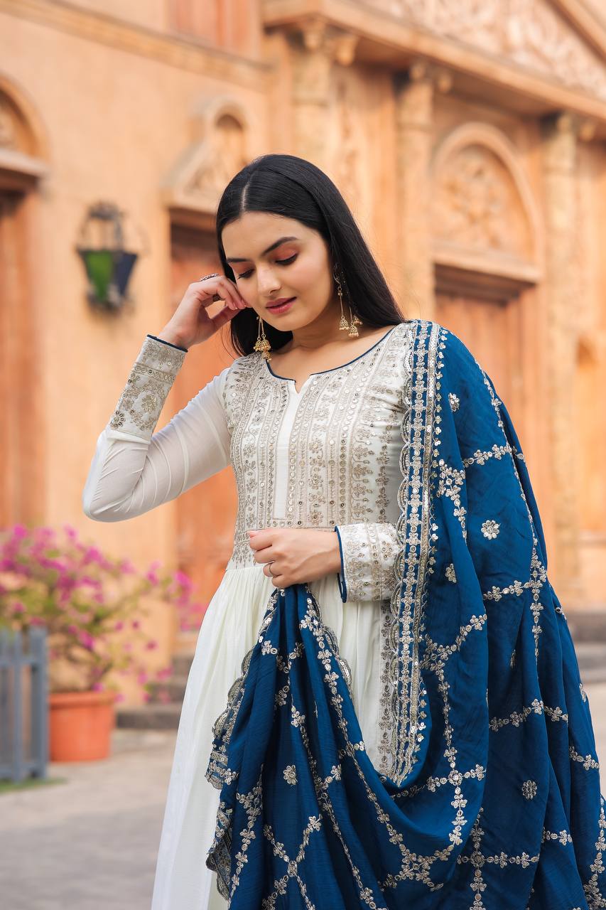 White Premium Designer Fancy Anarkali Gown Set