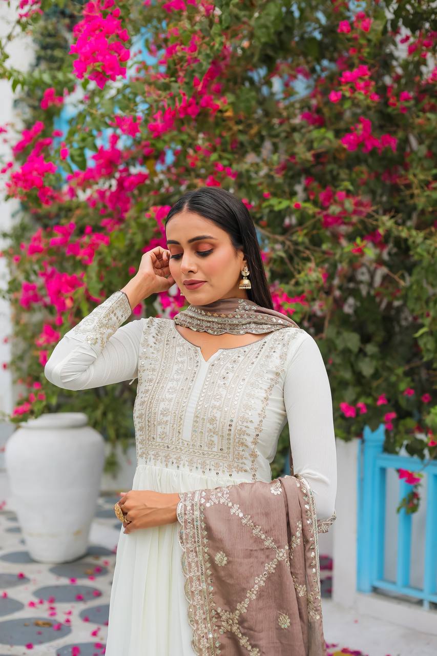 White Premium Designer Fancy Anarkali Gown Set