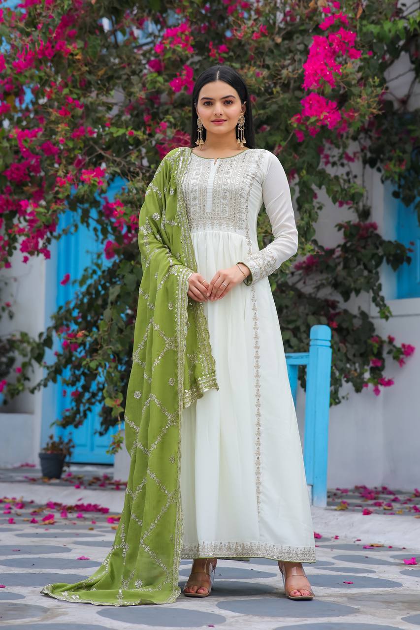 White Premium Designer Fancy Anarkali Gown Set