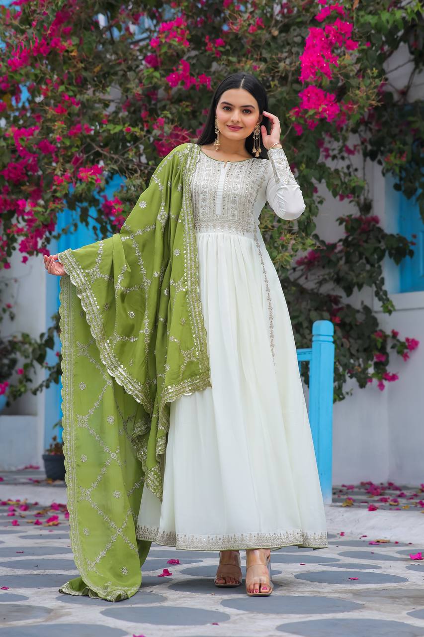 White Premium Designer Fancy Anarkali Gown Set