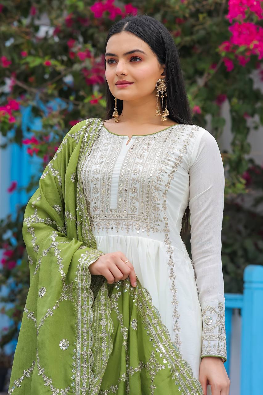 White Premium Designer Fancy Anarkali Gown Set