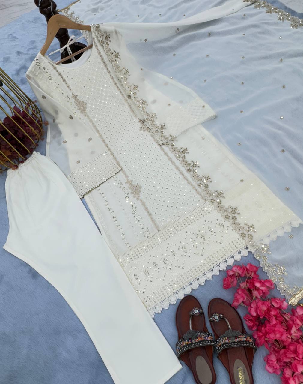 White Premium Designer Party Wear Faux Georgette Top, Bottom & Dupatta Set