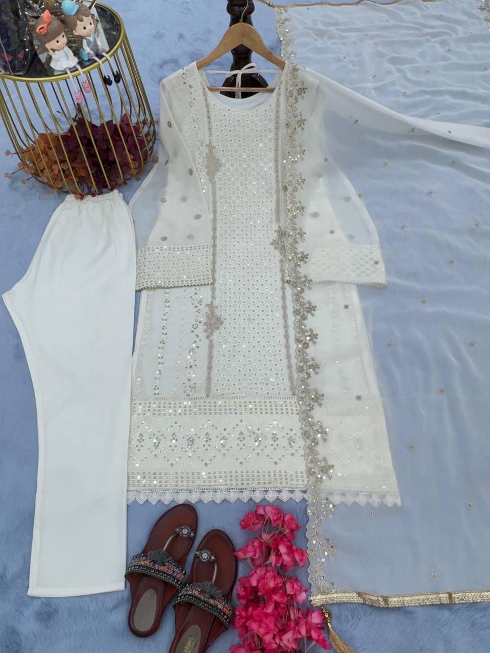 White Premium Designer Party Wear Faux Georgette Top, Bottom & Dupatta Set