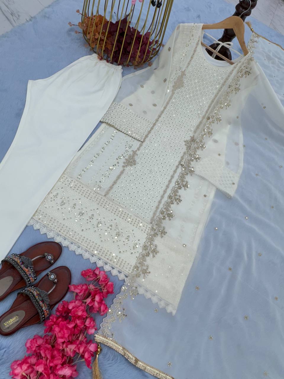 White Premium Designer Party Wear Faux Georgette Top, Bottom & Dupatta Set