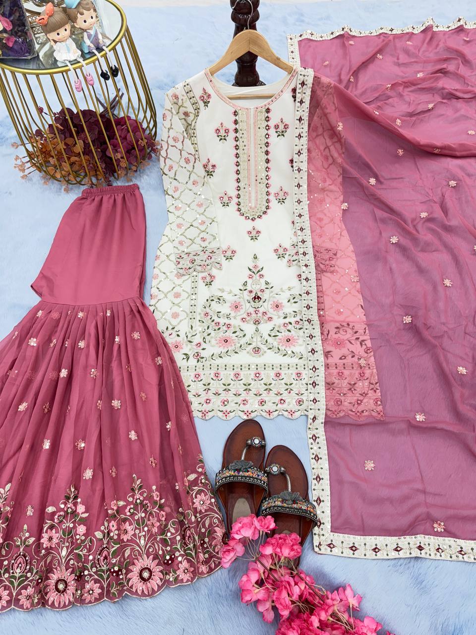 White Premium Designer Party Wear Georgette Top, With Pink Sarara & Dupatta Set
