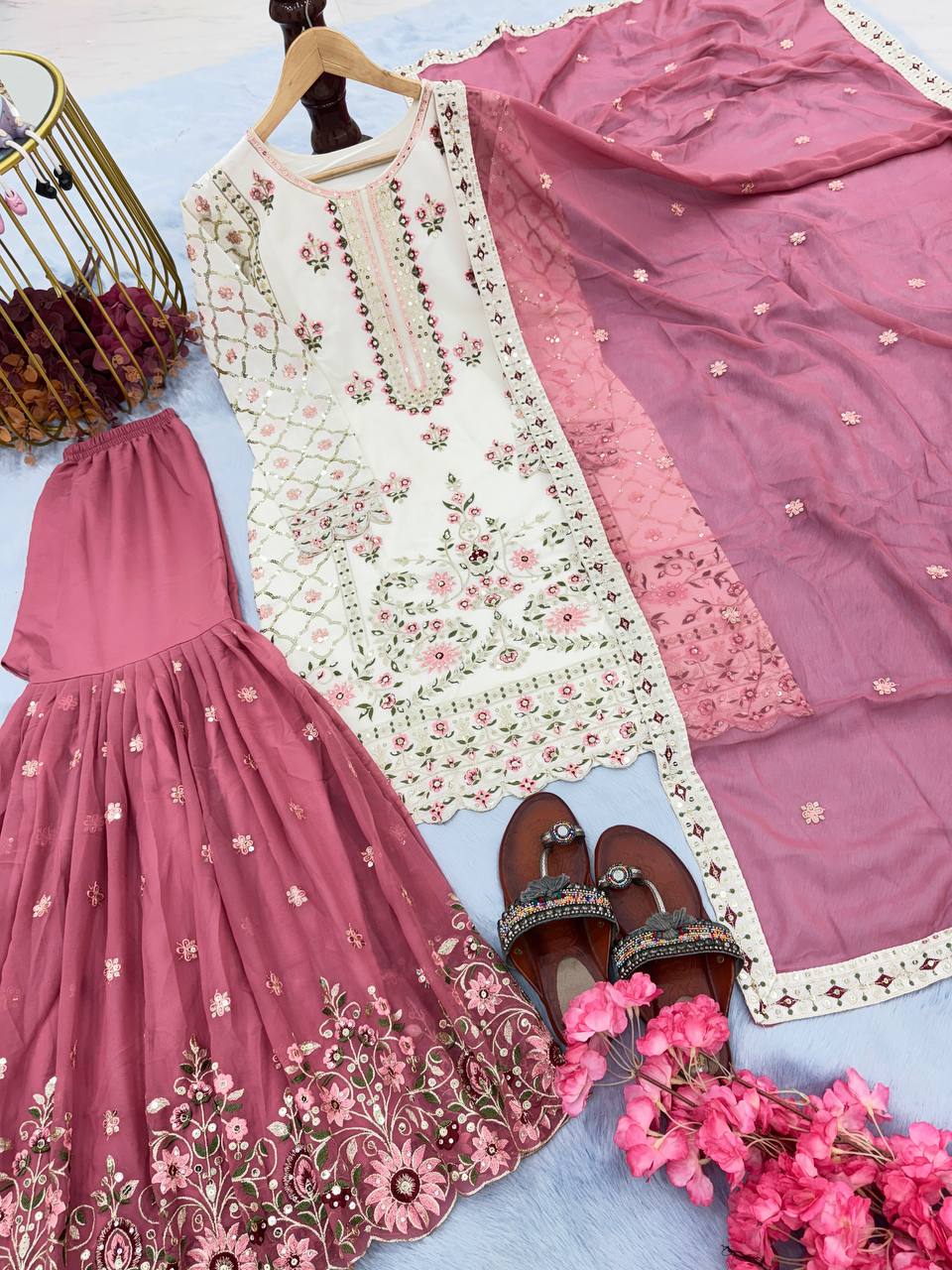 White Premium Designer Party Wear Georgette Top, With Pink Sarara & Dupatta Set