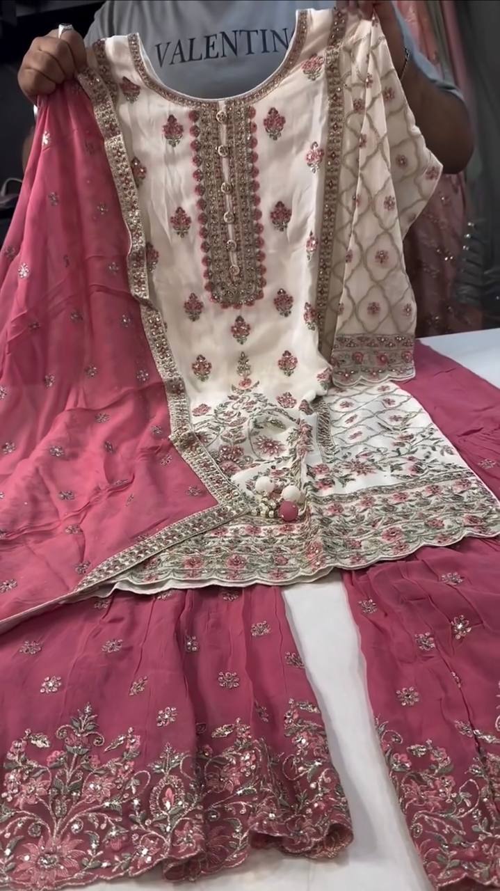 White Premium Designer Party Wear Georgette Top, With Pink Sarara & Dupatta Set