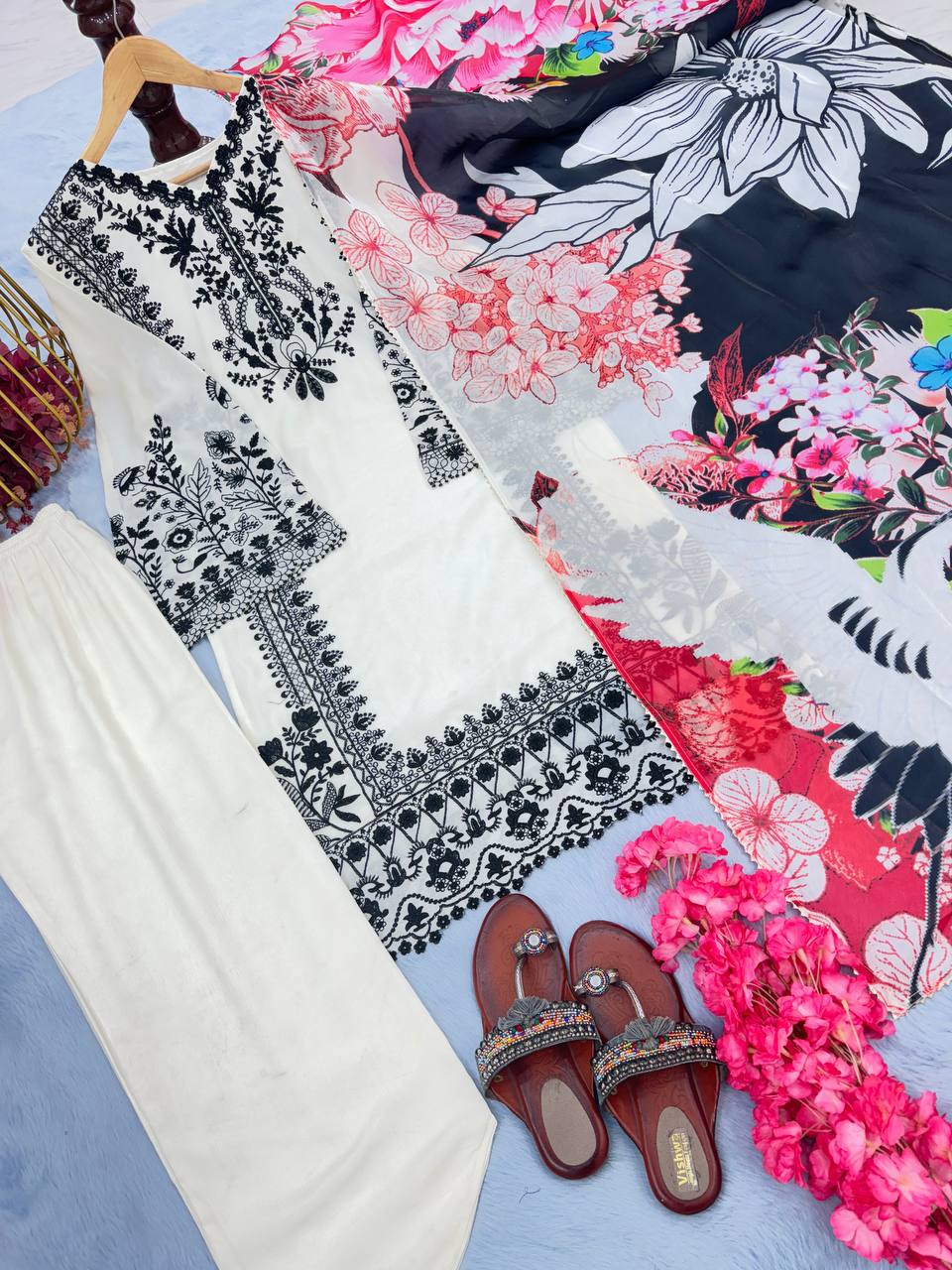 White Premium Designer Party Wear Pur Chinon Silk Top, Plazzo & Dupatta Set