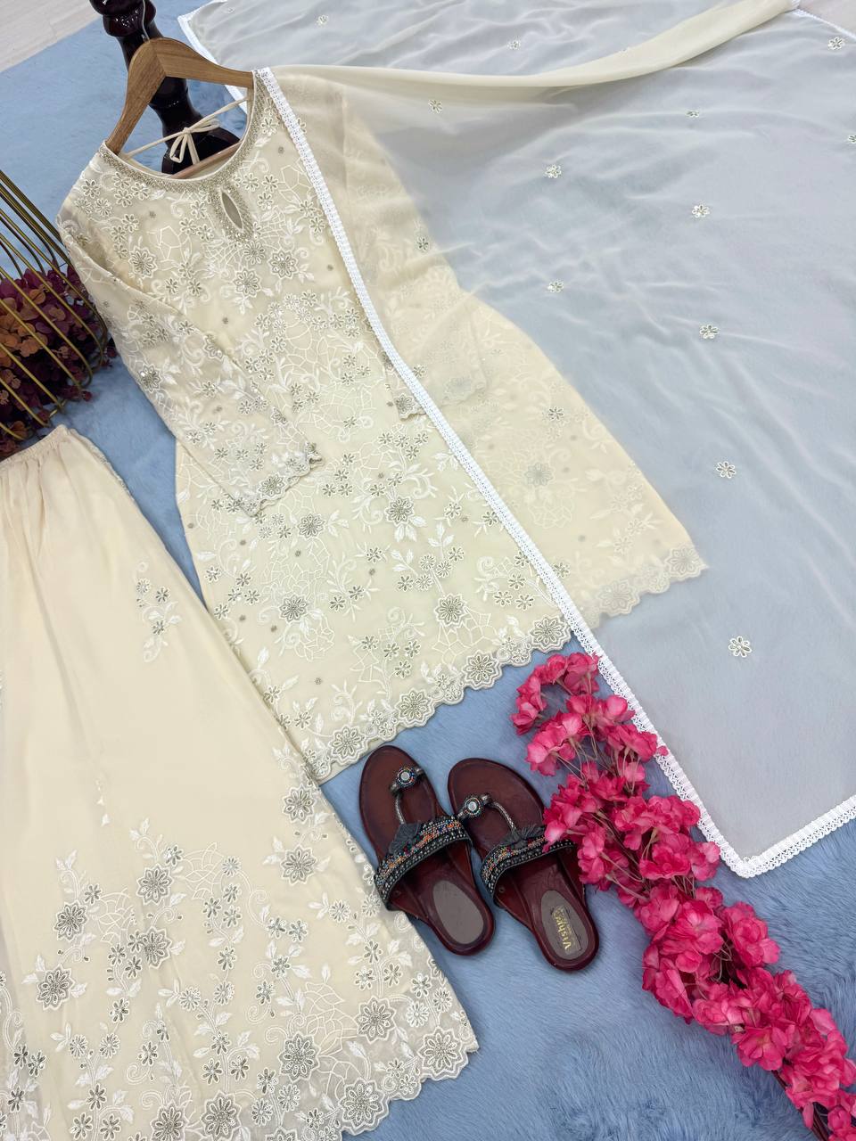 White Premium Designer Ready-Made Party Wear Top, Plazzo & Dupatta Set