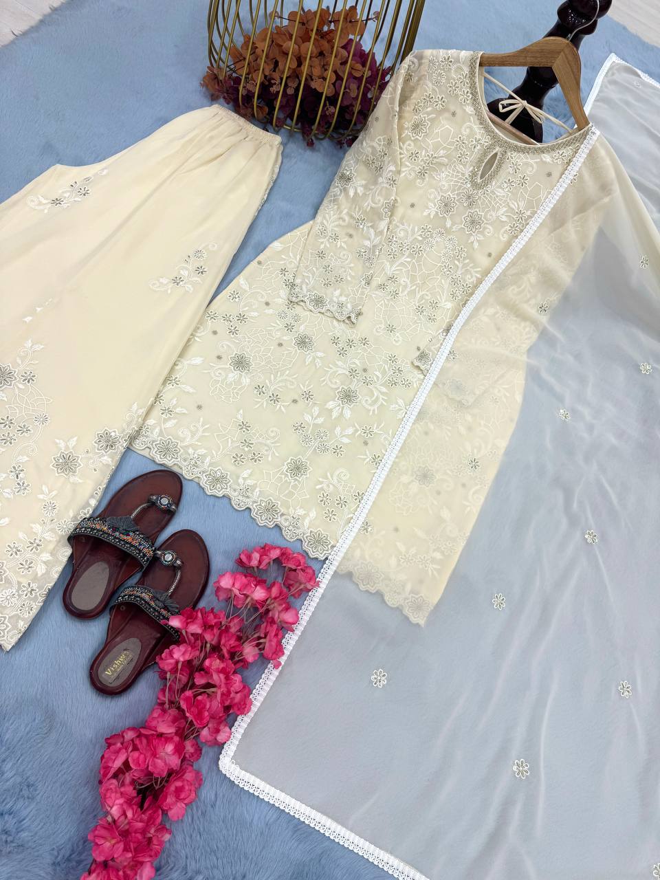 White Premium Designer Ready-Made Party Wear Top, Plazzo & Dupatta Set