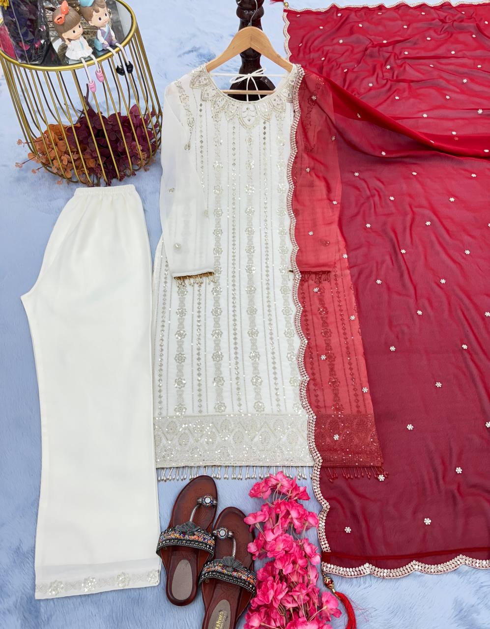 White Premium Designer Ready-Made Top, Palazzo, and Dupatta