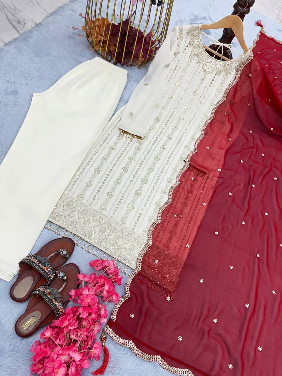 White Premium Designer Ready-Made Top, Palazzo, and Dupatta