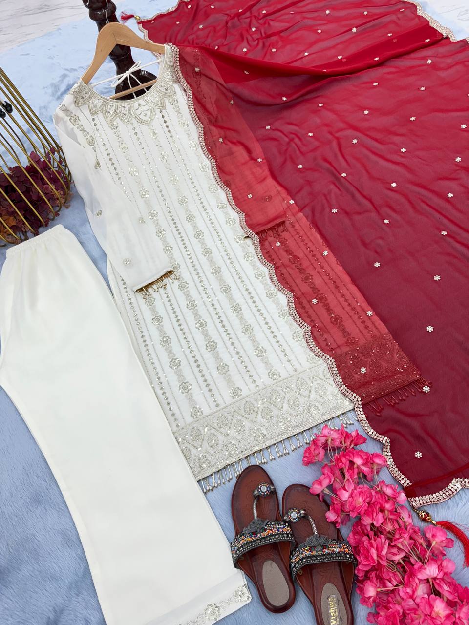 White Premium Designer Ready-Made Top, Palazzo, and Dupatta