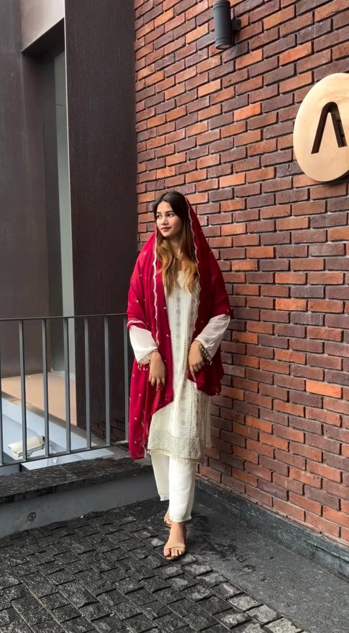 White Premium Designer Ready-Made Top, Palazzo, and Dupatta
