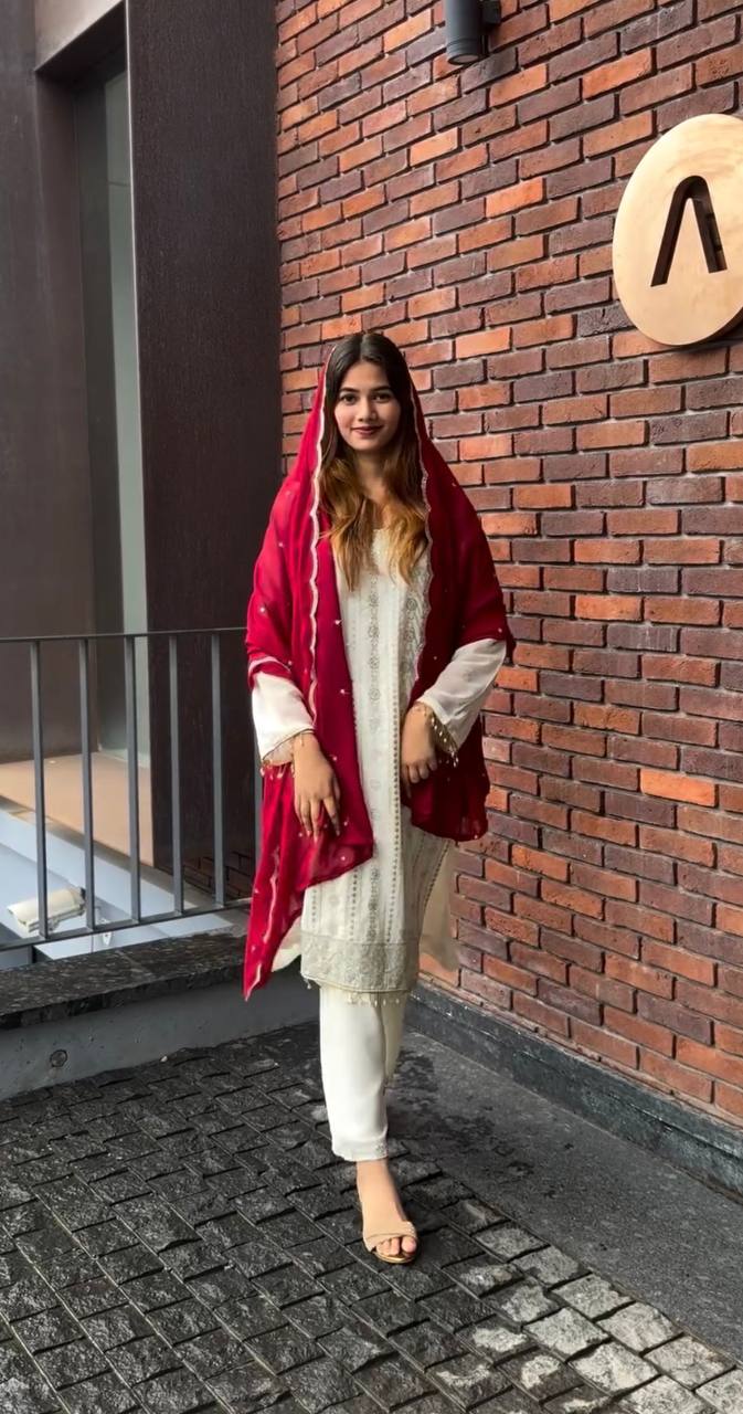 White Premium Designer Ready-Made Top, Palazzo, and Dupatta