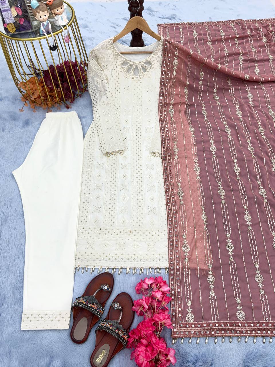 White Premium Designer Ready-to-Wear Top, Bottom, and Dupatta Set