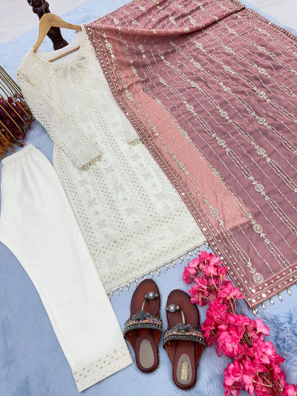 White Premium Designer Ready-to-Wear Top, Bottom, and Dupatta Set
