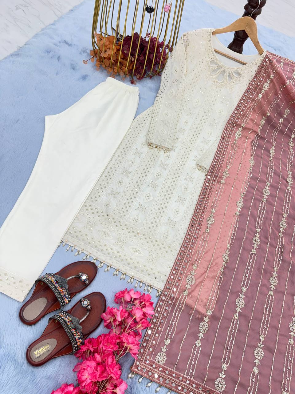 White Premium Designer Ready-to-Wear Top, Bottom, and Dupatta Set