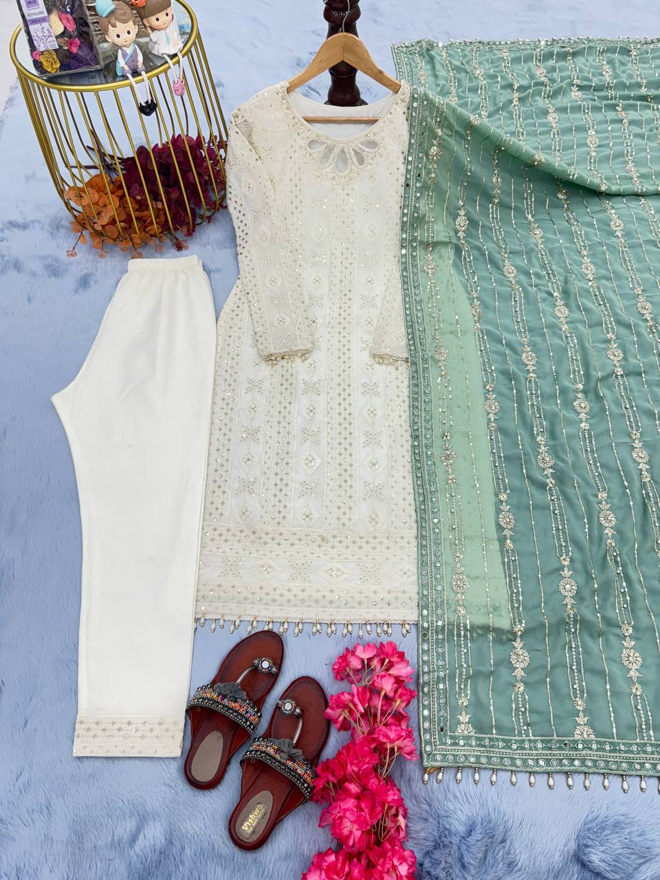 White Premium Designer Ready-to-Wear Top, Bottom, and Dupatta Set