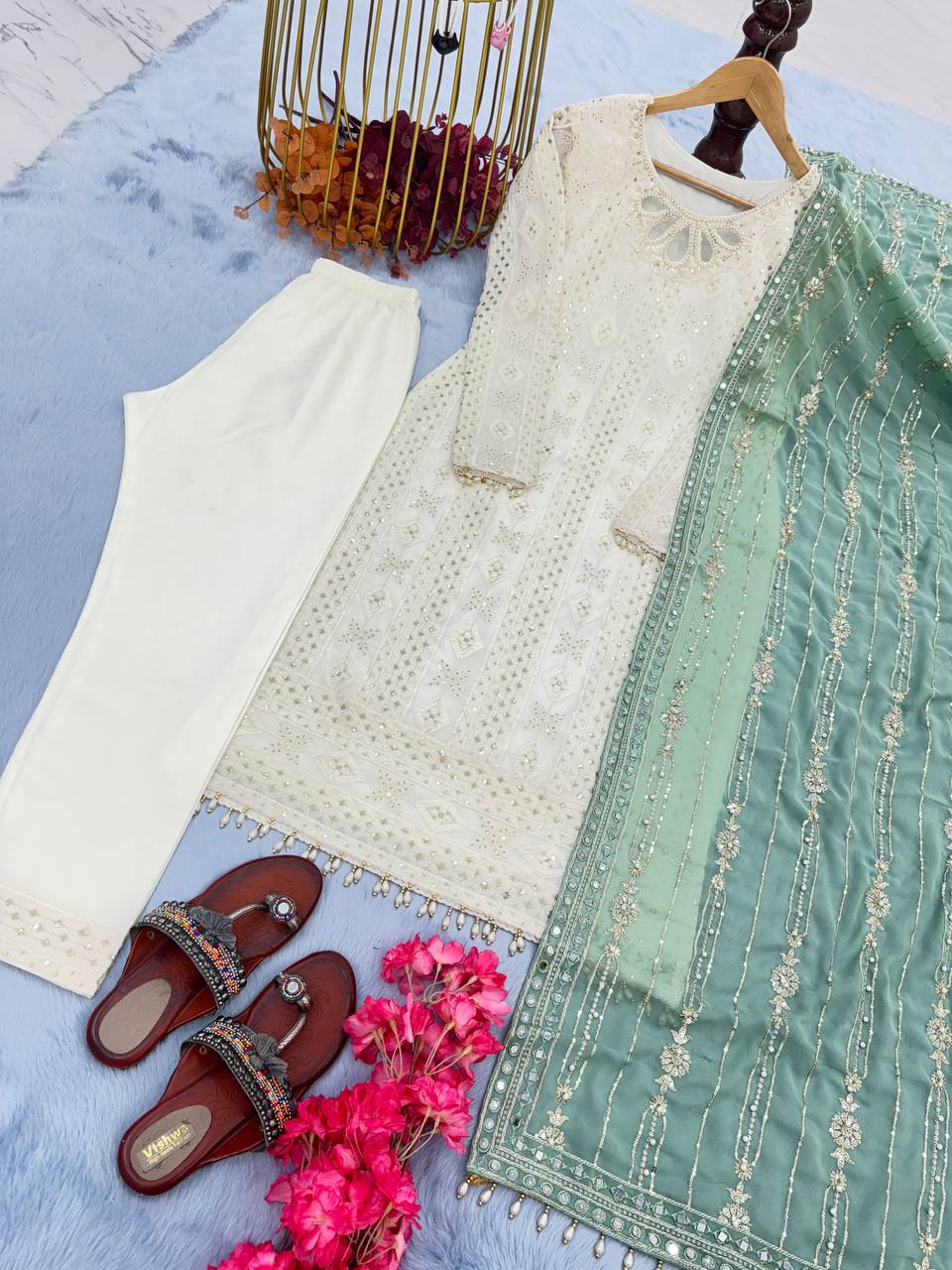 White Premium Designer Ready-to-Wear Top, Bottom, and Dupatta Set