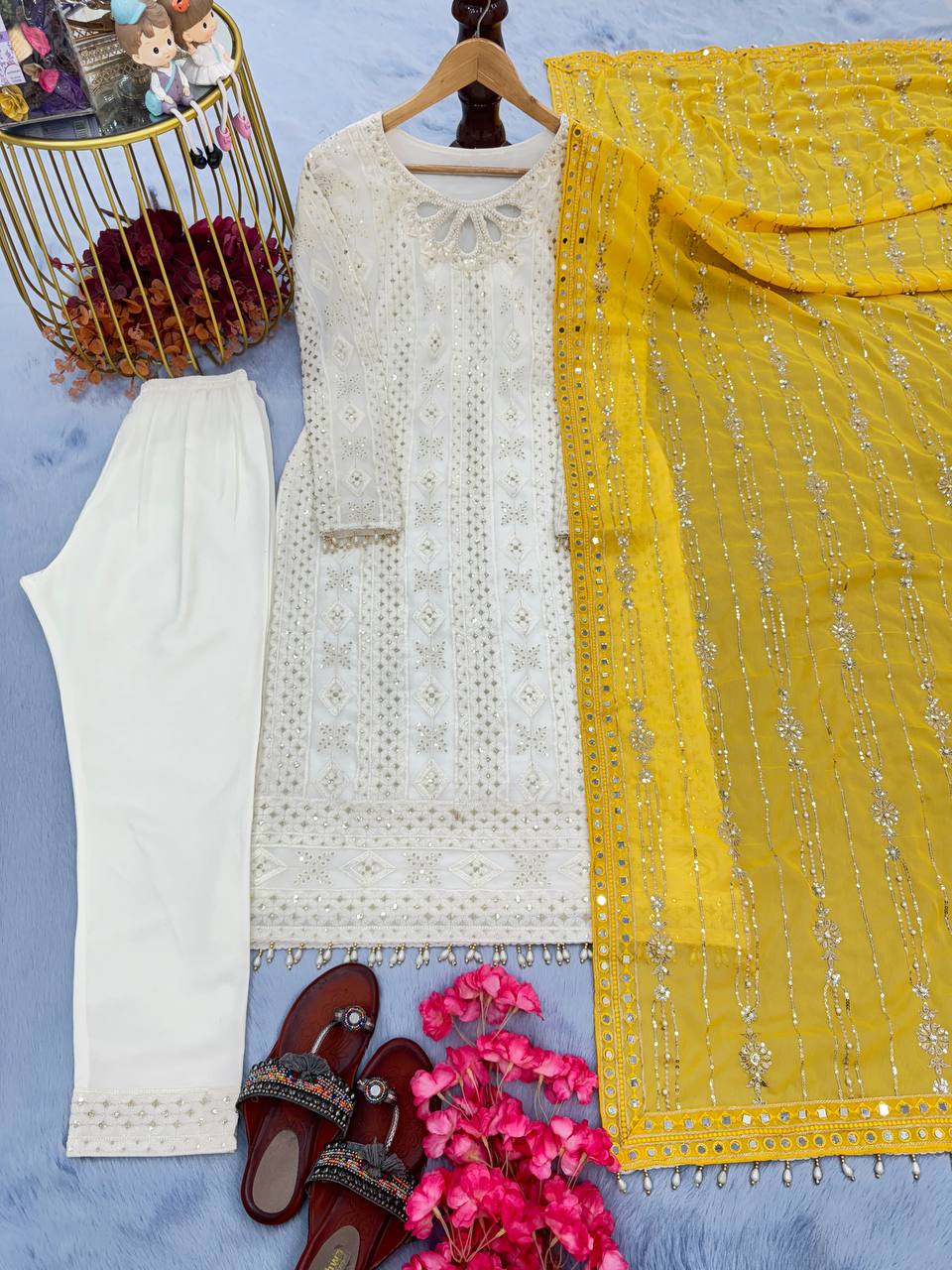 White Premium Designer Ready-to-Wear Top, Bottom, and Dupatta Set