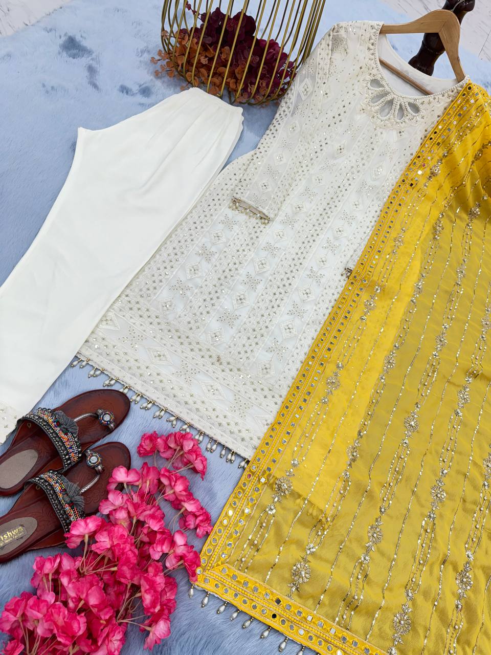 White Premium Designer Ready-to-Wear Top, Bottom, and Dupatta Set