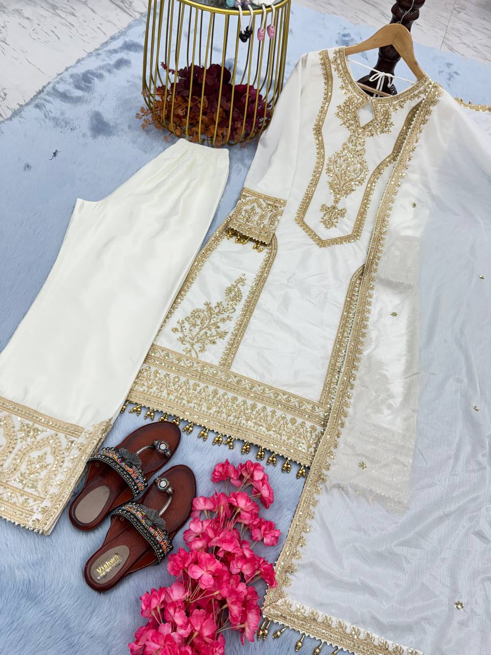 White Premium Designer Readymade Chinon Silk Top, Plazzo & Dupatta Set – Party Wear Elegance