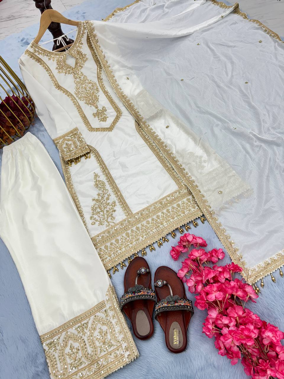 White Premium Designer Readymade Chinon Silk Top, Plazzo & Dupatta Set – Party Wear Elegance