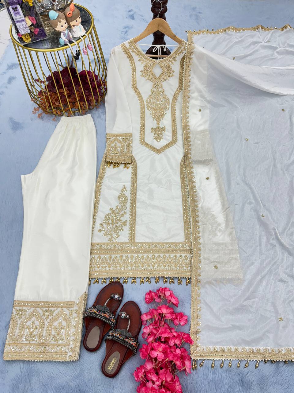 White Premium Designer Readymade Chinon Silk Top, Plazzo & Dupatta Set – Party Wear Elegance