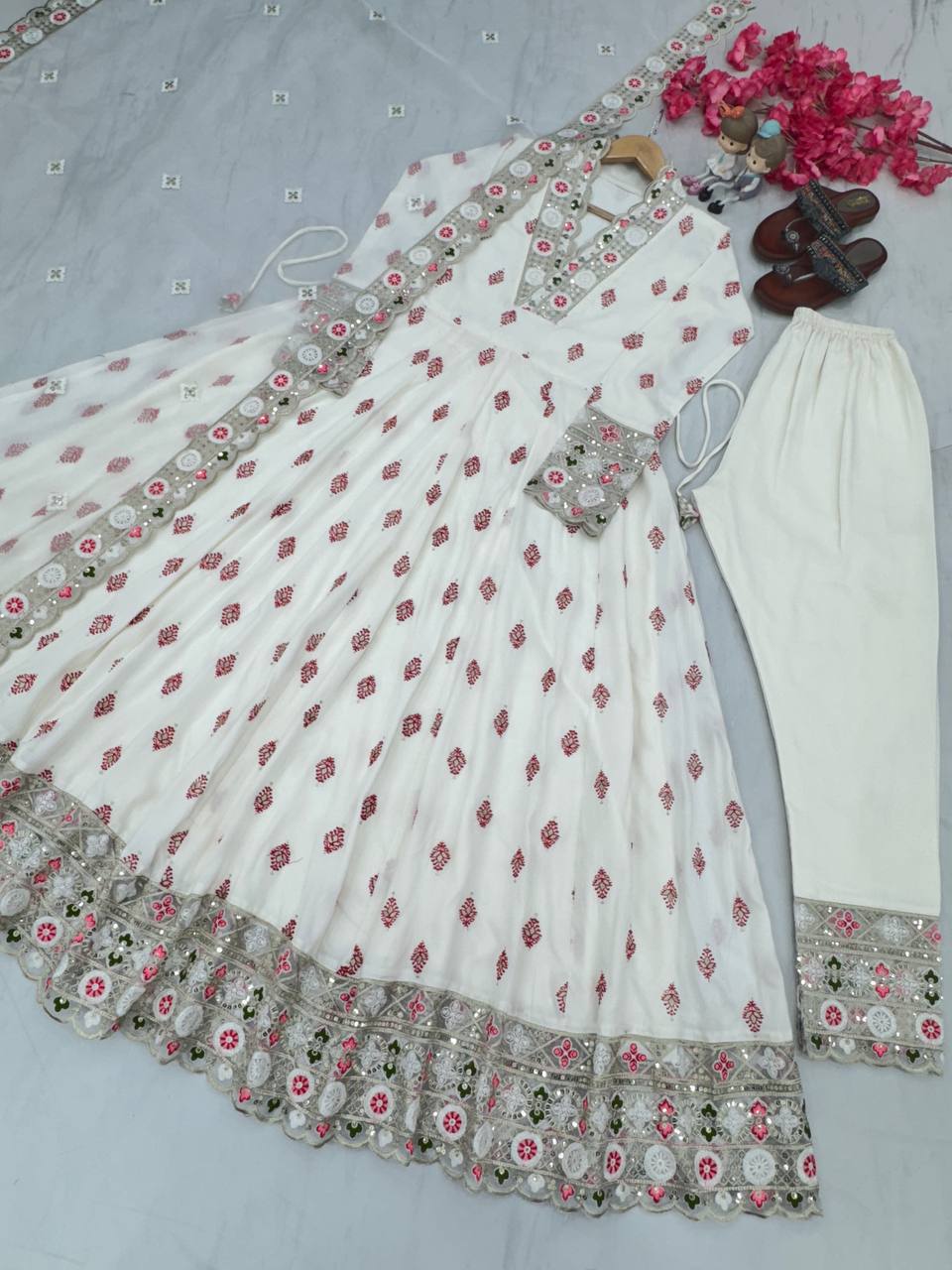 White Premium Designer Readymade Fancy Anarkali Gown with Dupatta