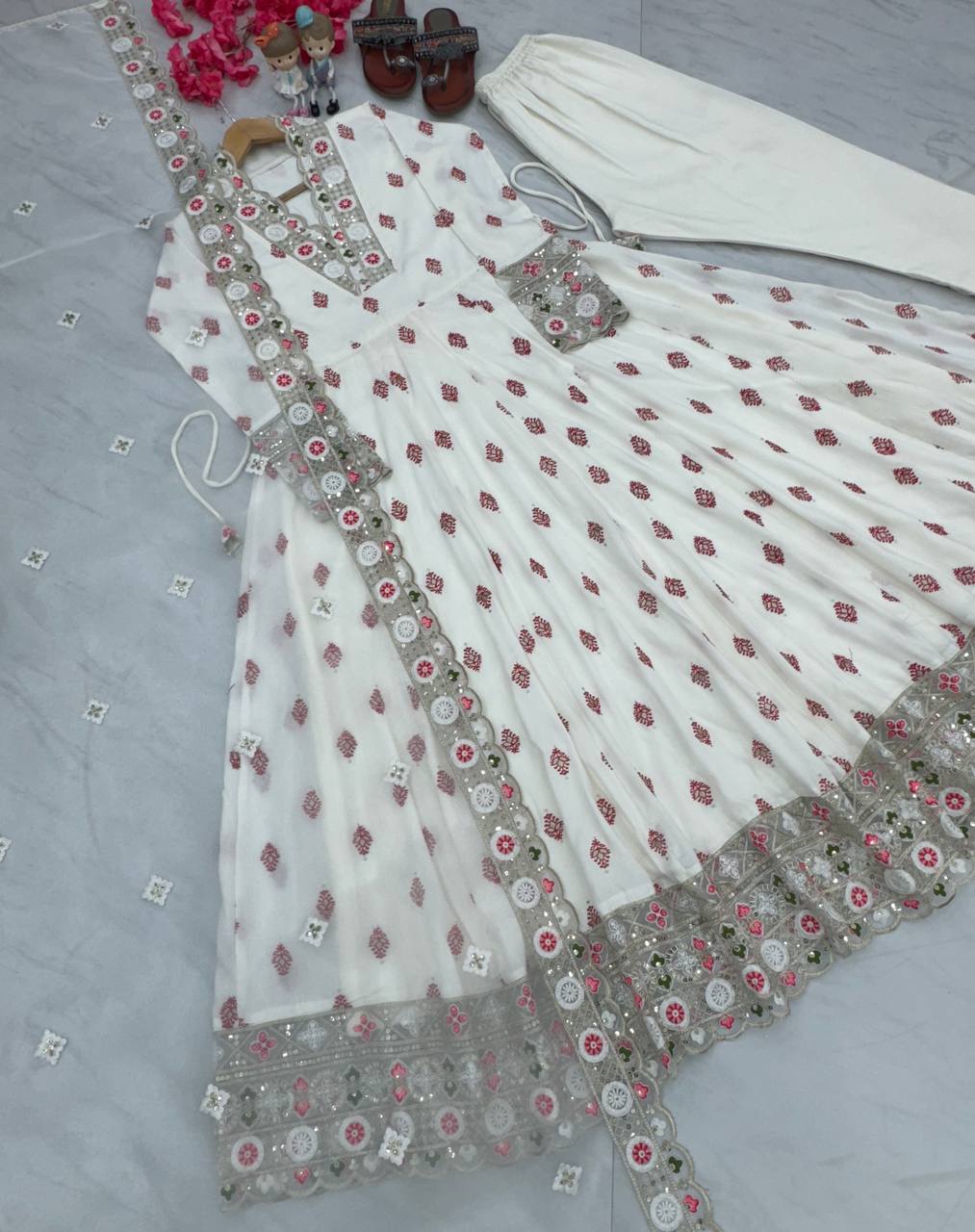 White Premium Designer Readymade Fancy Anarkali Gown with Dupatta
