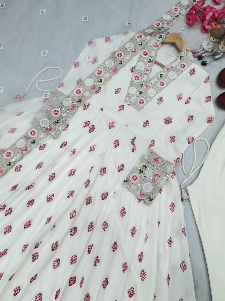 White Premium Designer Readymade Fancy Anarkali Gown with Dupatta