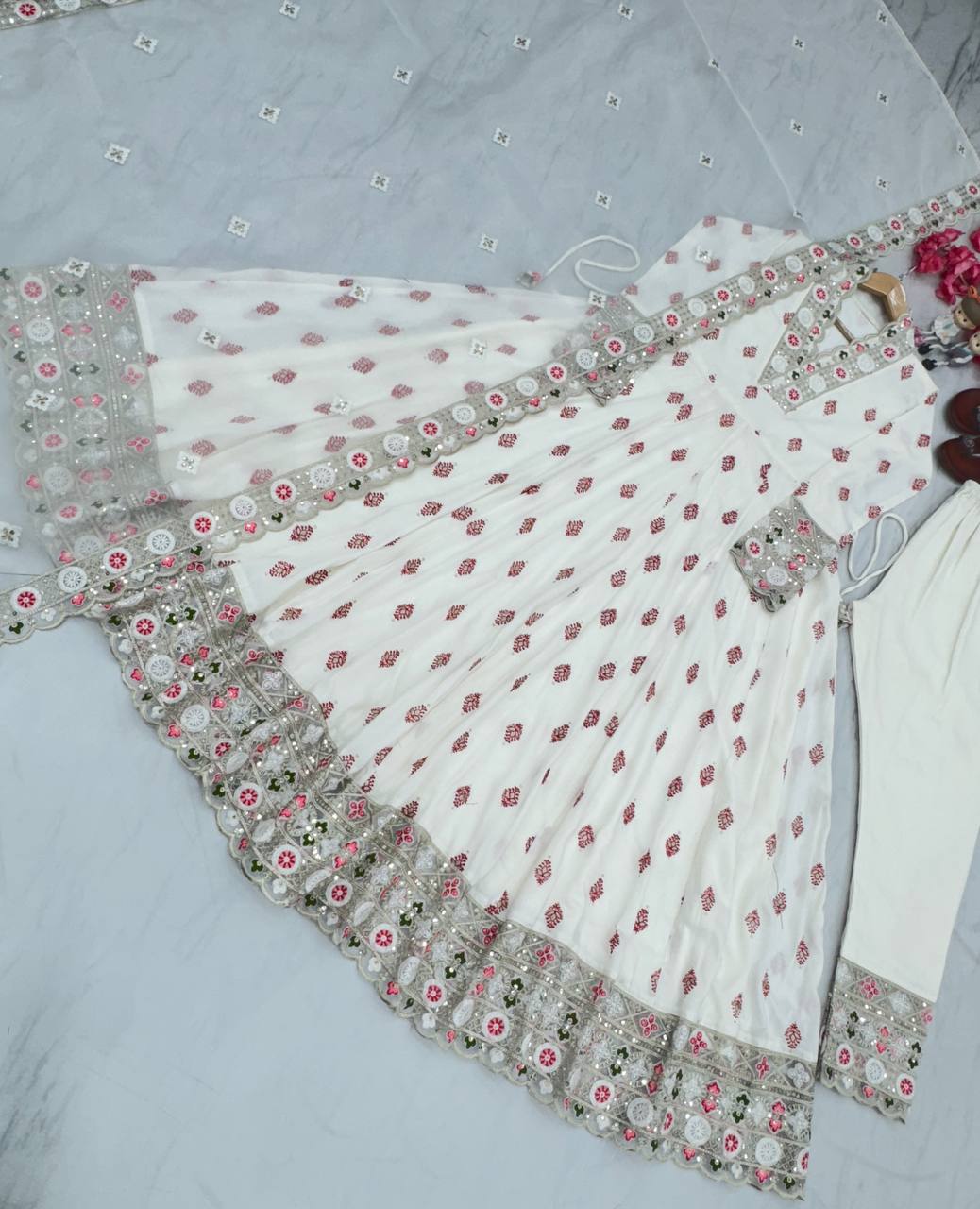 White Premium Designer Readymade Fancy Anarkali Gown with Dupatta
