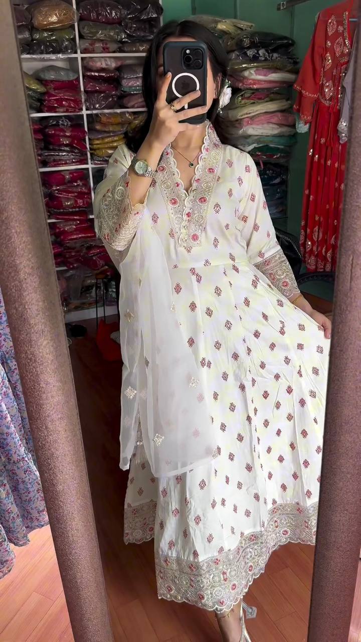 White Premium Designer Readymade Fancy Anarkali Gown with Dupatta