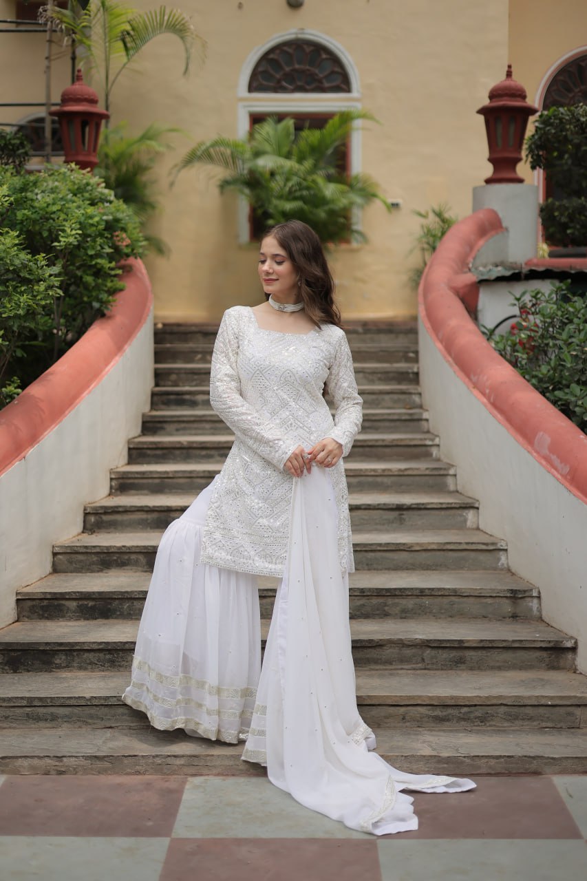 White Premium Designer Readymade Sharara Suit with Dupatta - Elegant & Stylish