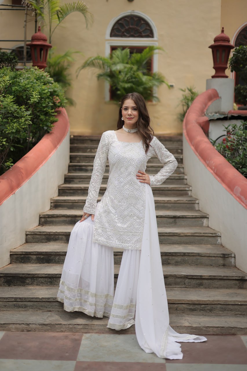 White Premium Designer Readymade Sharara Suit with Dupatta - Elegant & Stylish