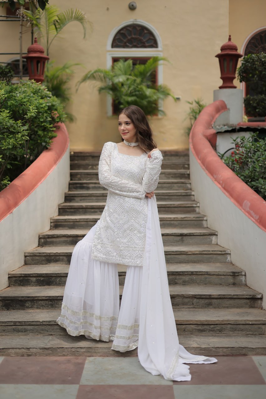White Premium Designer Readymade Sharara Suit with Dupatta - Elegant & Stylish