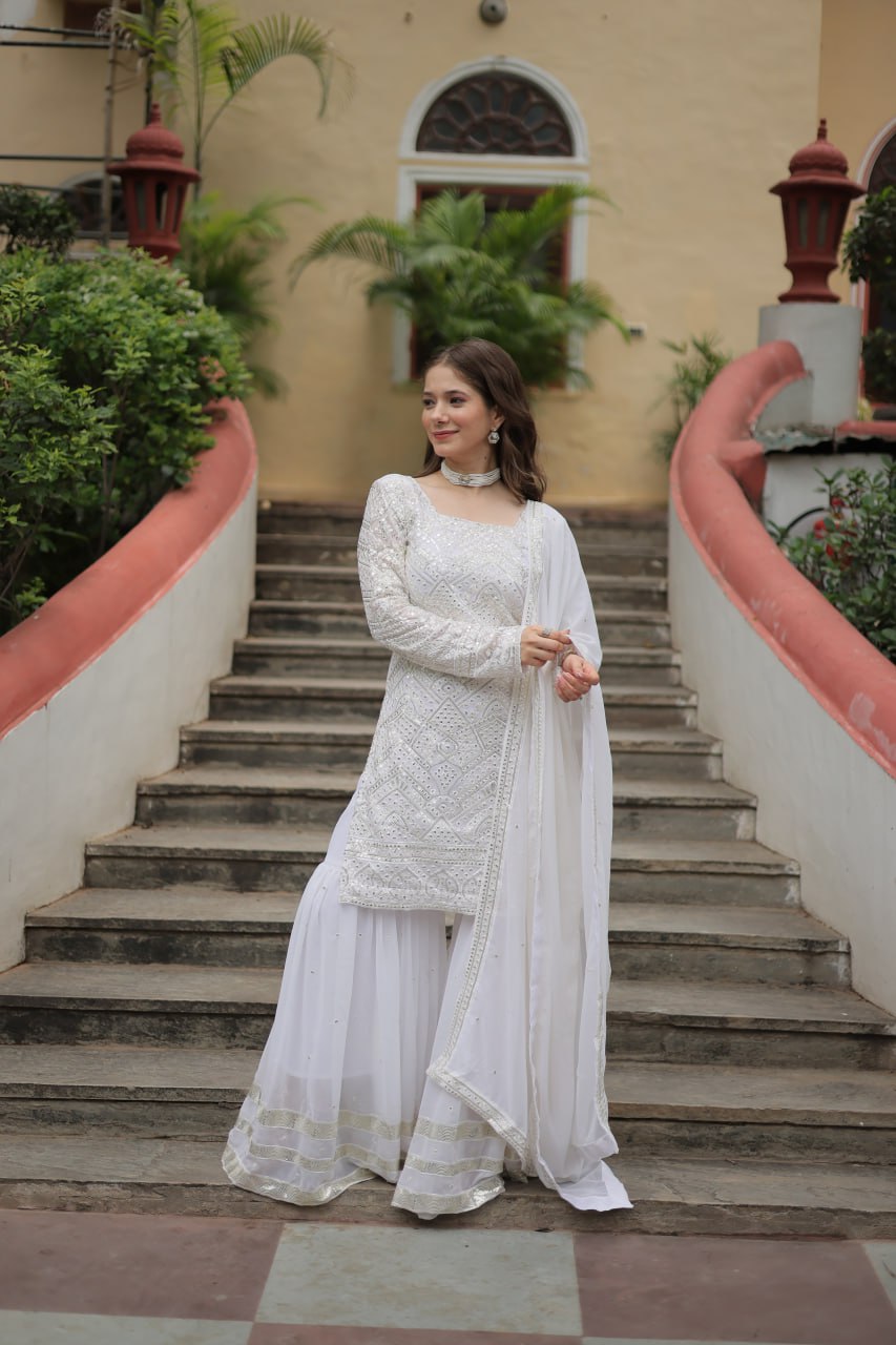 White Premium Designer Readymade Sharara Suit with Dupatta - Elegant & Stylish