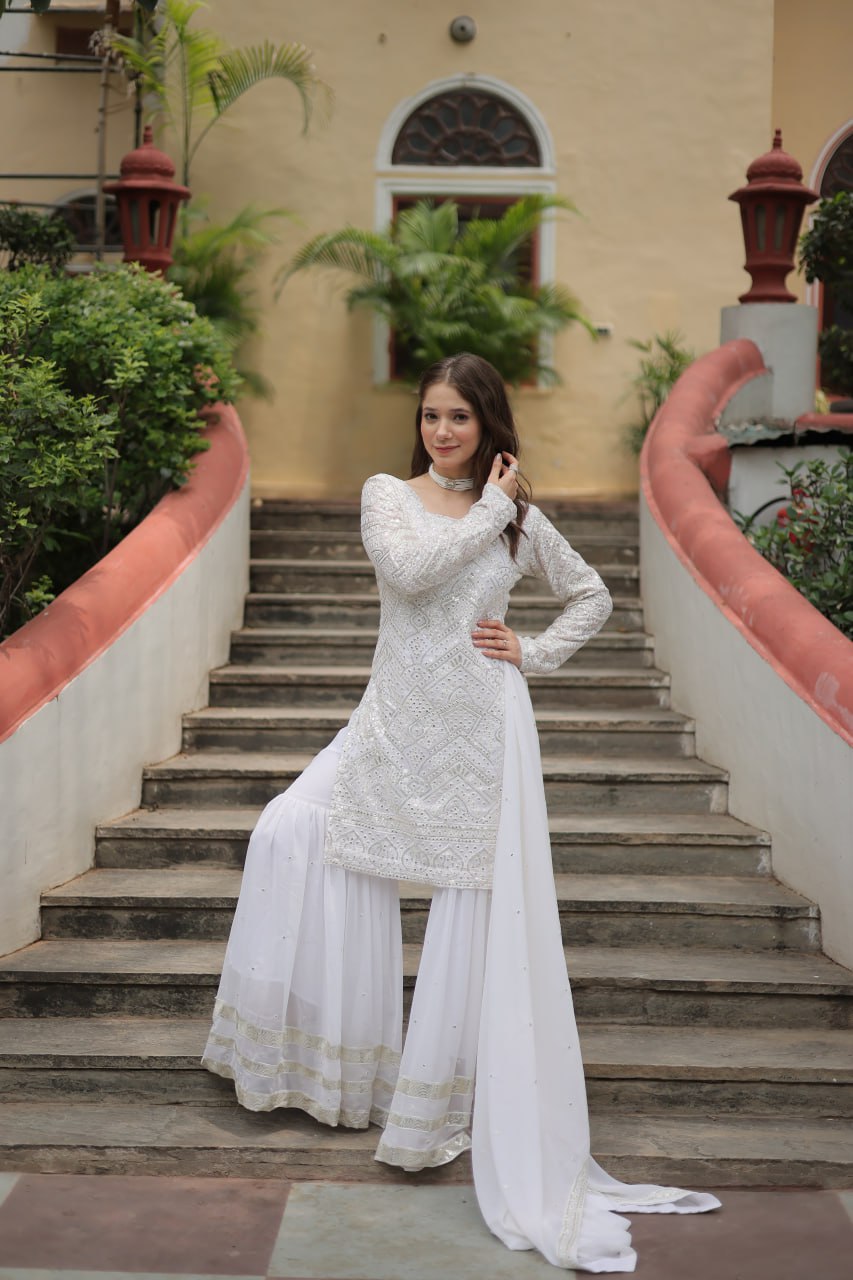 White Premium Designer Readymade Sharara Suit with Dupatta - Elegant & Stylish