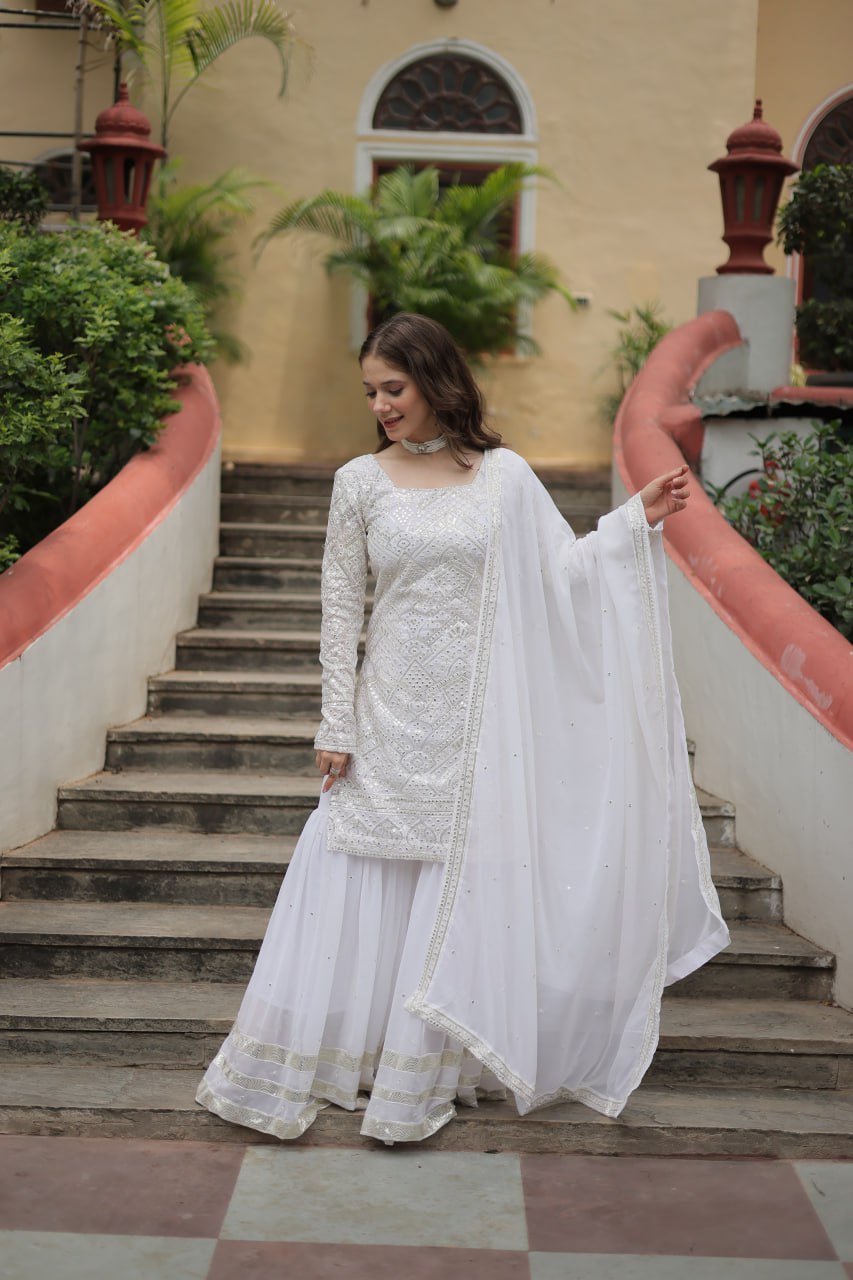 White Premium Designer Readymade Sharara Suit with Dupatta - Elegant & Stylish
