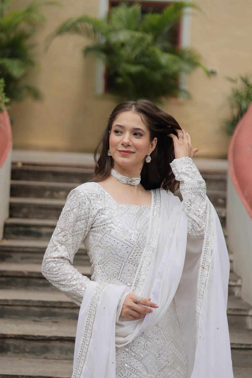 White Premium Designer Readymade Sharara Suit with Dupatta - Elegant & Stylish