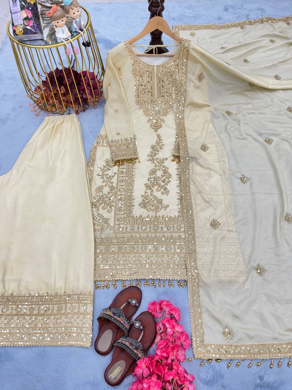 White Premium Designer Readymade Top, Palazzo & Dupatta Set –Party Wear