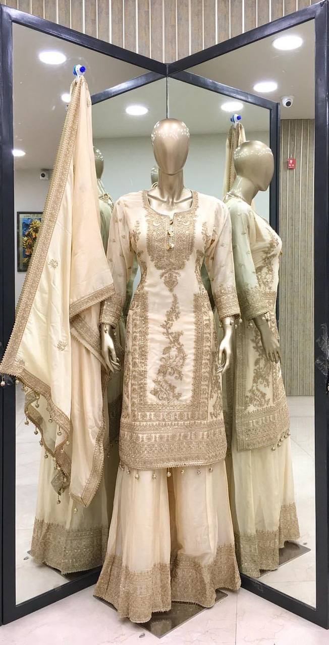 White Premium Designer Readymade Top, Palazzo & Dupatta Set –Party Wear